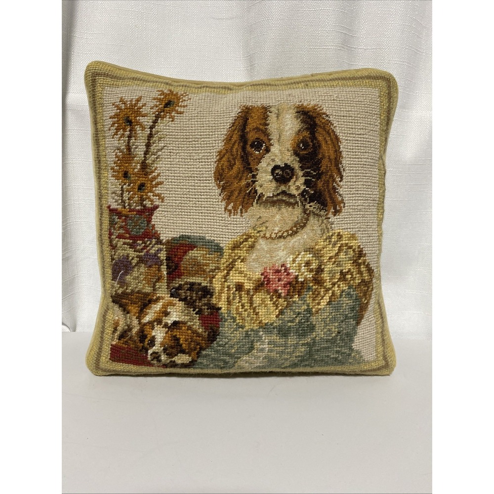 Vintage 12x12 Cavalier King Charles Spaniel Petit Needlepoint Throw Pillow